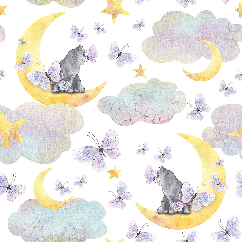 可爱的灰色小猫坐在云中的月亮上，星星和淡紫色的蝴蝶在空中飞舞。儿童、水彩插图。无缝模式。用于布料，墙纸，封面。