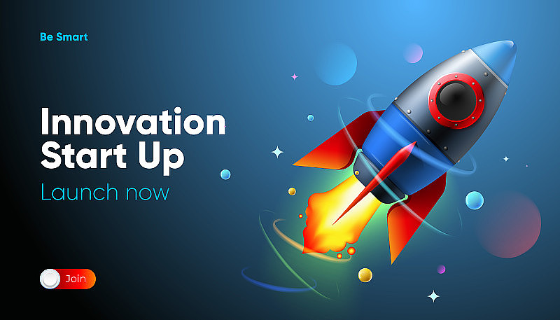 创新创业理念。火箭起飞，蓝色背景。创业推出产品，网页模板，登陆页面，矢量插图