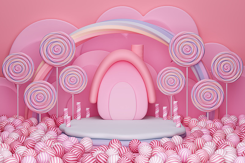 平台粉红色粉彩摊位展示广告可爱糖果背景婴儿概念糖果店。