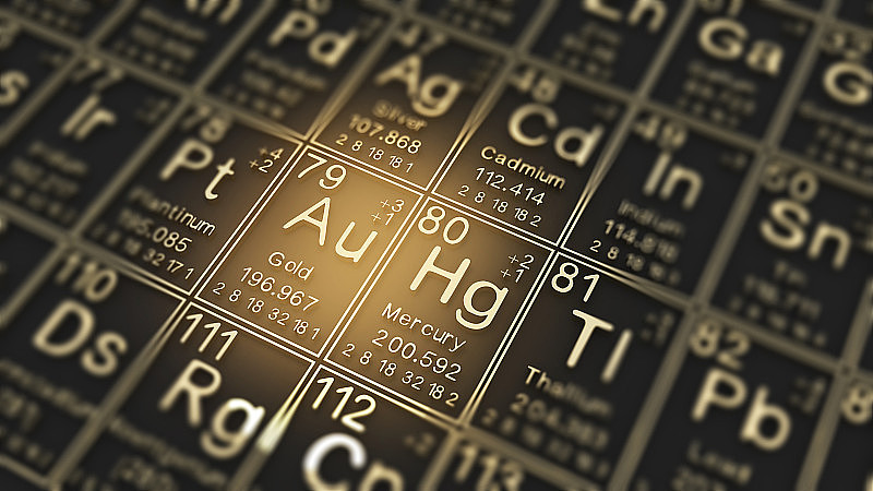 金和汞在元素周期表上的黑字黑字，是化学元素的历史，代表着原子的编号和符号。, 3 d渲染