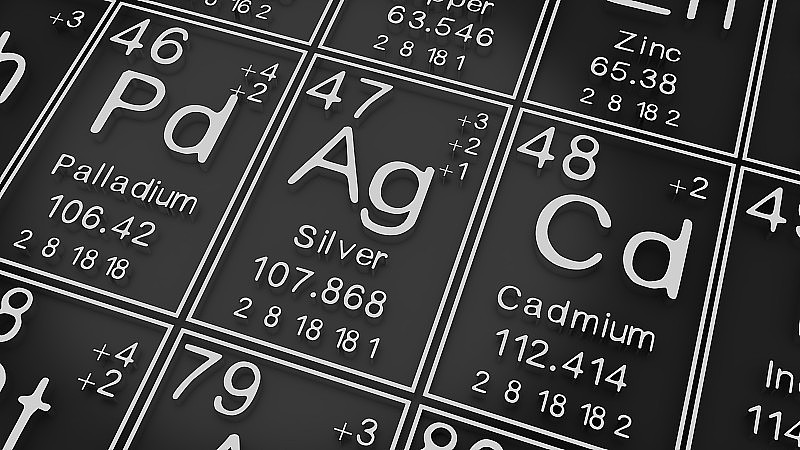 钯、银、镉在元素周期表上黑漆漆的，化学元素的历史，代表着原子的编号和符号。, 3 d渲染