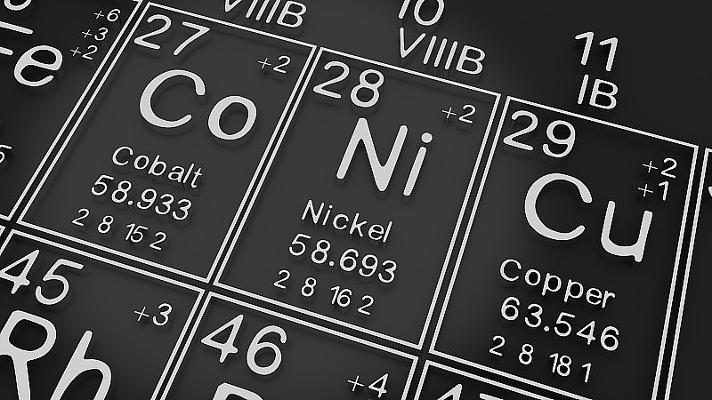 钴、镍、铜在元素周期表上黑漆漆地排列着，化学元素的历史，代表着原子的编号和符号。, 3 d渲染