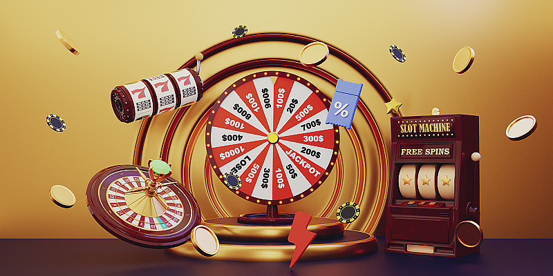 d渲染插图。 在线赌场。3D逼真的轮盘赌轮和老虎机在紫色的平台和金色的背景。777大胜概念横幅赌场。赌博的概念设计。3
