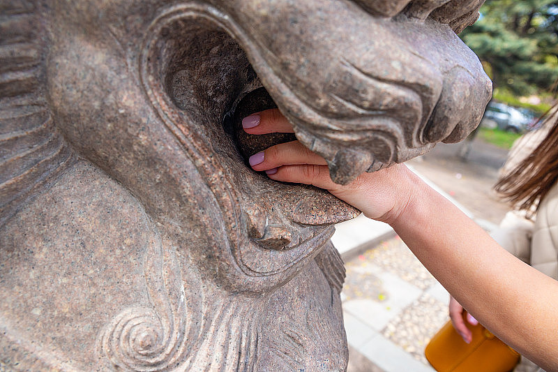 女子手捧着神话守护者狮子石雕雕像口中的石球许愿。特写镜头。