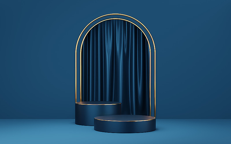 2空蓝色圆柱裙台，金色边框，蓝色拱门和窗帘背景。抽象的最小工作室三维几何形状的对象。展示产品设计的实物空间。3 d渲染。