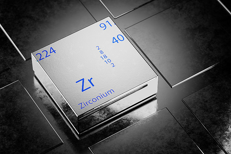 作为元素周期表元素的锆的3D插图。锆元素为金属背景。锆化学元素设计，显示元素名称、原子量和编号。3 d渲染。