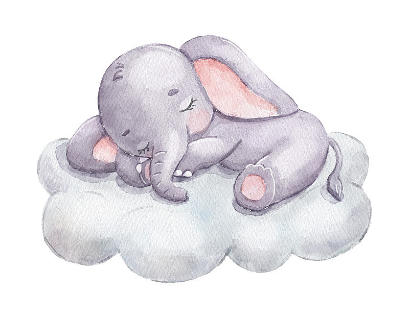 可爱的大象在云上做梦。卡通手绘水彩插图。小动物
