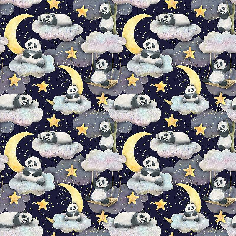 熊猫在云层上，在天空中荡秋千，深蓝色的背景上有星星和月亮。水彩插图。无缝花纹适用于面料、纺织品、壁纸、包装、包装纸