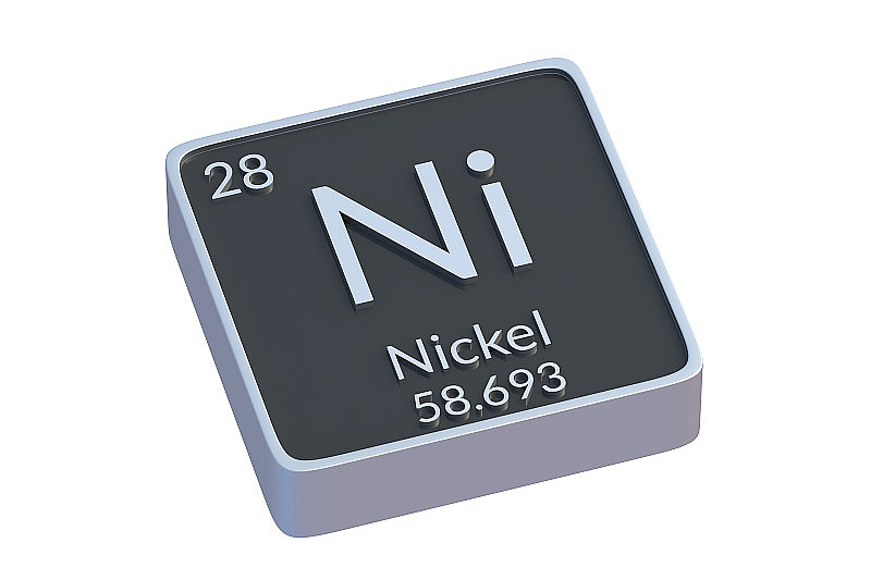 镍是元素周期表中被隔离在白色背景上的化学元素。化学元素的金属符号。三维渲染