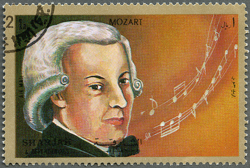 1972年的邮票《Shiarjah & Dependencies》展示了沃尔夫冈·阿玛迪斯·莫扎特(1756-1791)