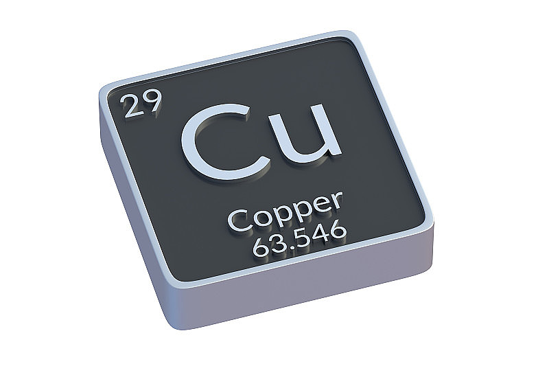 铜元素周期表中的化学元素，被隔离在白色背景上。化学元素的金属符号。三维渲染