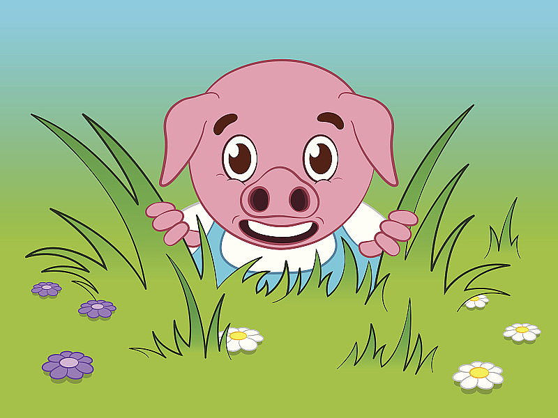 可爱的小猪卡通透过草地