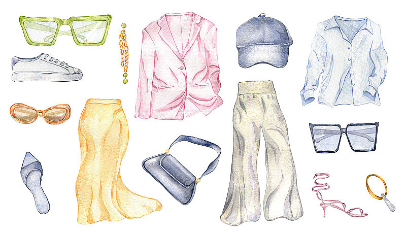 套装西装、长裤、手袋、鞋子、bijou，顶部水彩插图孤立在白色上。女人的夏季服装手绘。设计商店，标签，杂志，包装，展示，印刷