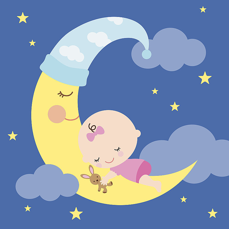 一个小女孩在月亮上睡觉的卡通插图