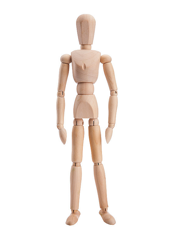 木制姿势的木偶人体模型孤立的白色背景