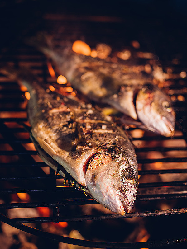 两整条鱼在一个发光的晚上烧烤