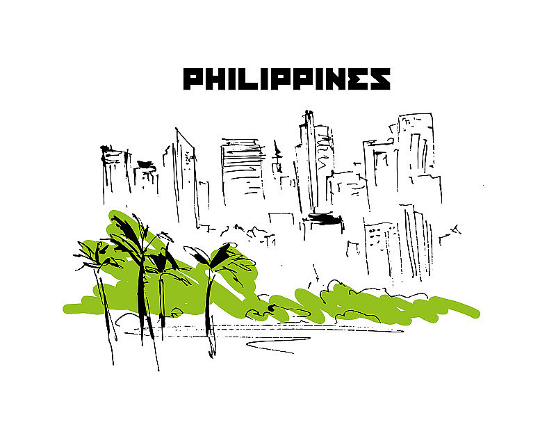 手绘菲律宾城市景观速写。