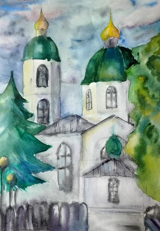 水彩画，白色教堂在树上和冷杉