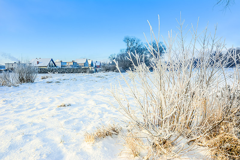 风景优美的冬季景观以雪的乡村，房子在村庄，白色的圣诞概念