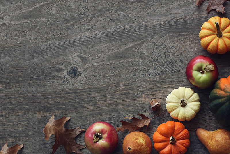 彩色的秋天感恩节收获背景与苹果，南瓜，梨水果，叶子，南瓜和坚果边界在黑暗的木材