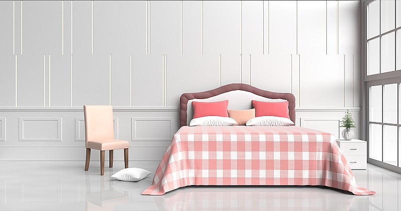 白色的卧室装饰着玻璃花瓶中的树，红色的枕头，白色的木质床头柜，橘红色的毯子，椅子，窗户，白色的水泥墙，白色的水泥地板。3 d渲染。