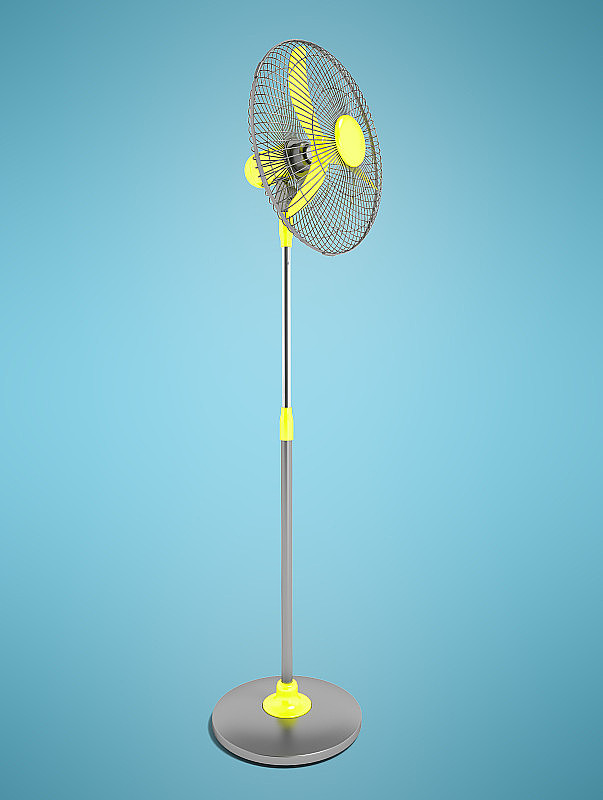 现代螺旋桨在一个金属圆顶与一个黄色的螺旋桨在脚3d渲染在蓝色背景与阴影