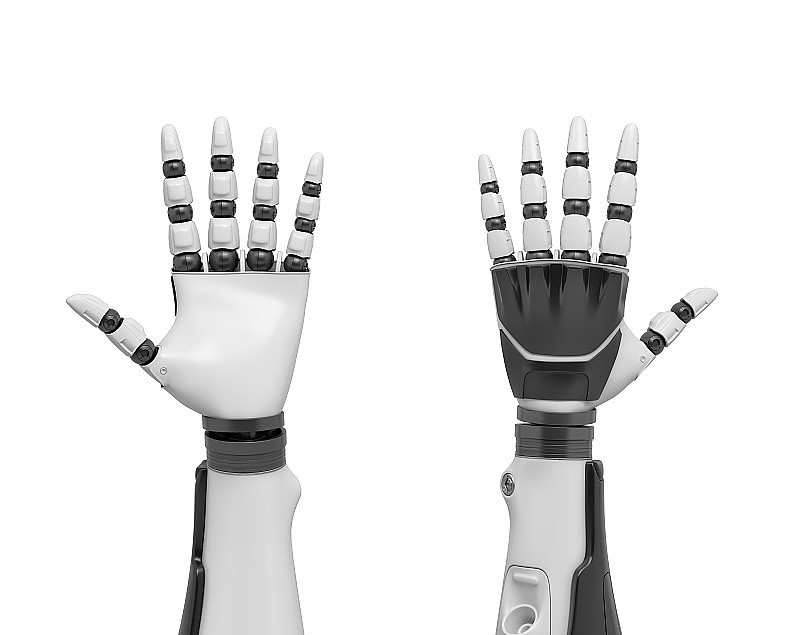 两个机器人手臂的3d渲染与所有手指伸出显示从手掌和从背后