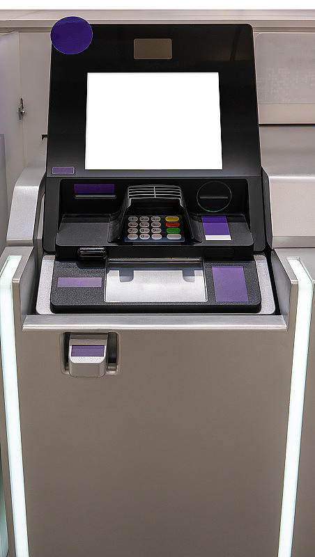 紫色和银色的自动取款机。车站自动化机器。