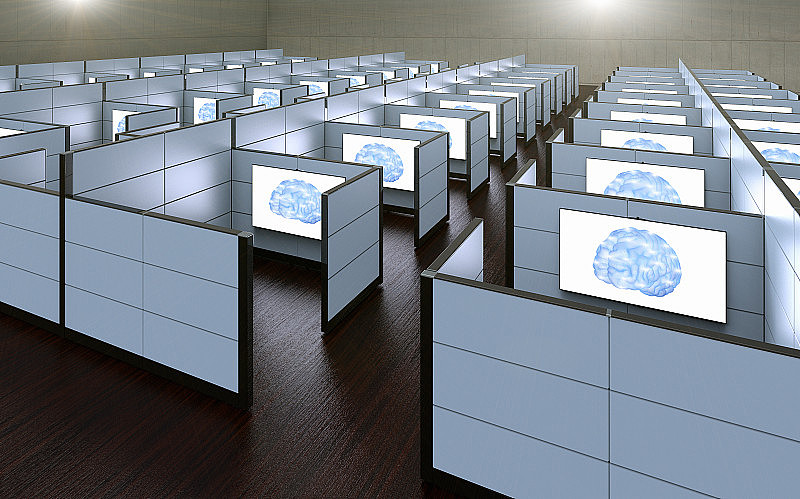 人工智能取代了工作人员的办公室隔间的概念图像