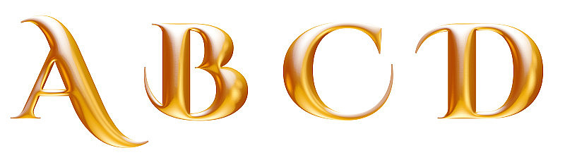 金色金属装饰字母，字母A、B、C、D, 3d插图
