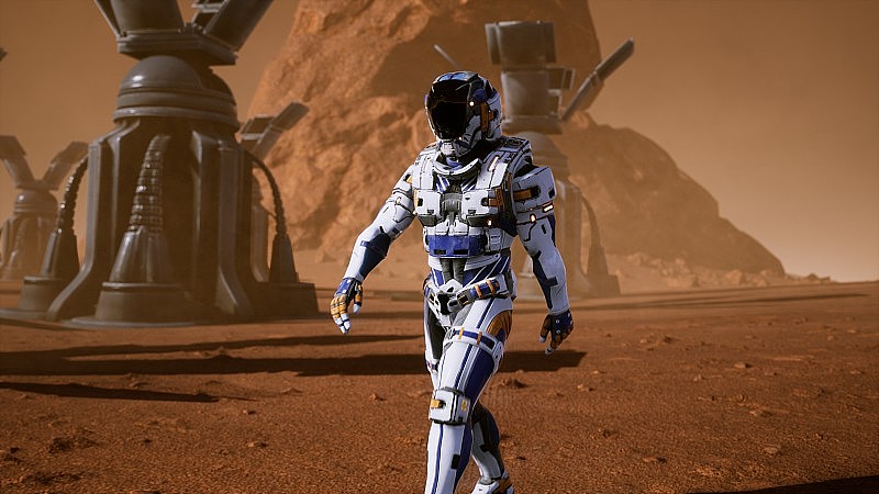 宇航员在经过巨大太阳能电池板的尘暴后到达火星表面。火星表面全景图。3D渲染