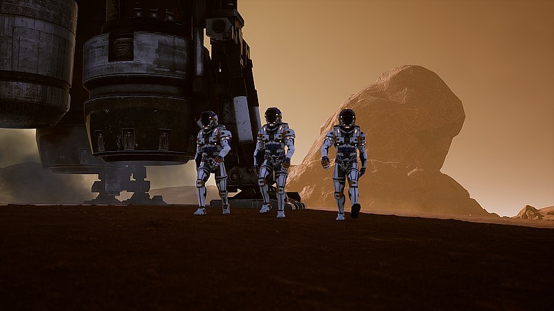 宇航员乘火箭着陆后在火星表面行走。火星表面全景图。3D渲染