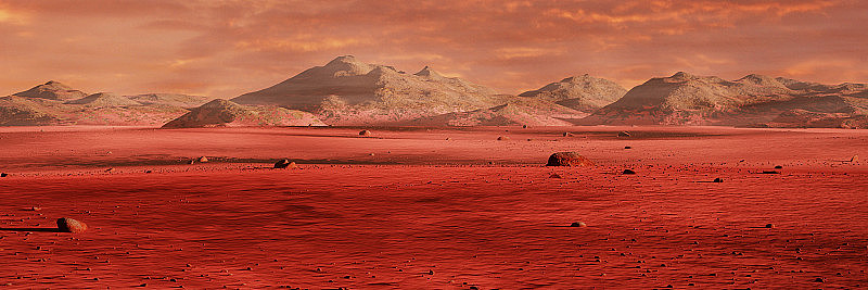 火星上的风景，风景优美的沙漠周围的山脉，红色的星球表面