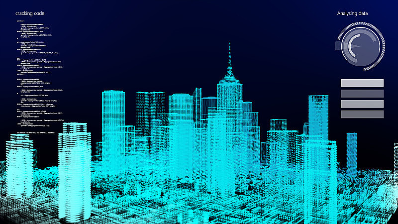 3D摩天大楼模拟HUD数字屏幕显示智能金融商业城市分析仪表盘背景。科幻未来创业城市的智能技术物联网