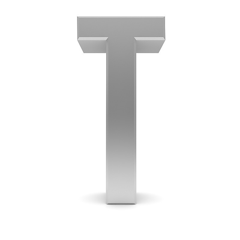 T字母T大写字母银字体3d渲染字符文本图形在白色背景上切掉