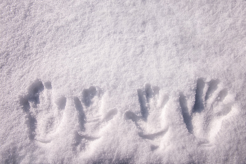 家人的手印直接印在雪地上