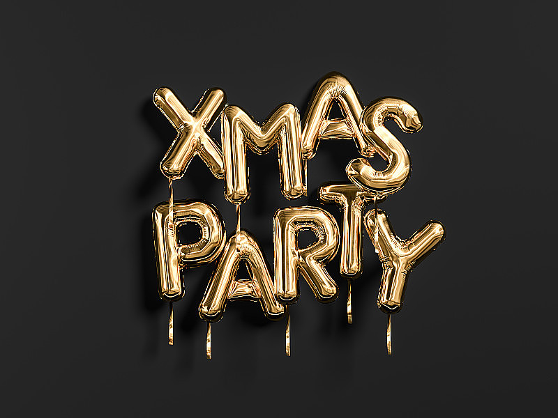 圣诞派对金色文本黑色背景，金色箔气球印刷，3d渲染