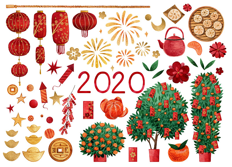 2020年中国新年水彩画元素集