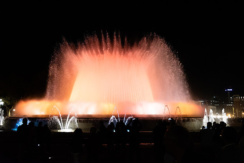 美丽的魔术喷泉夜景，巴塞罗那，加泰罗尼亚