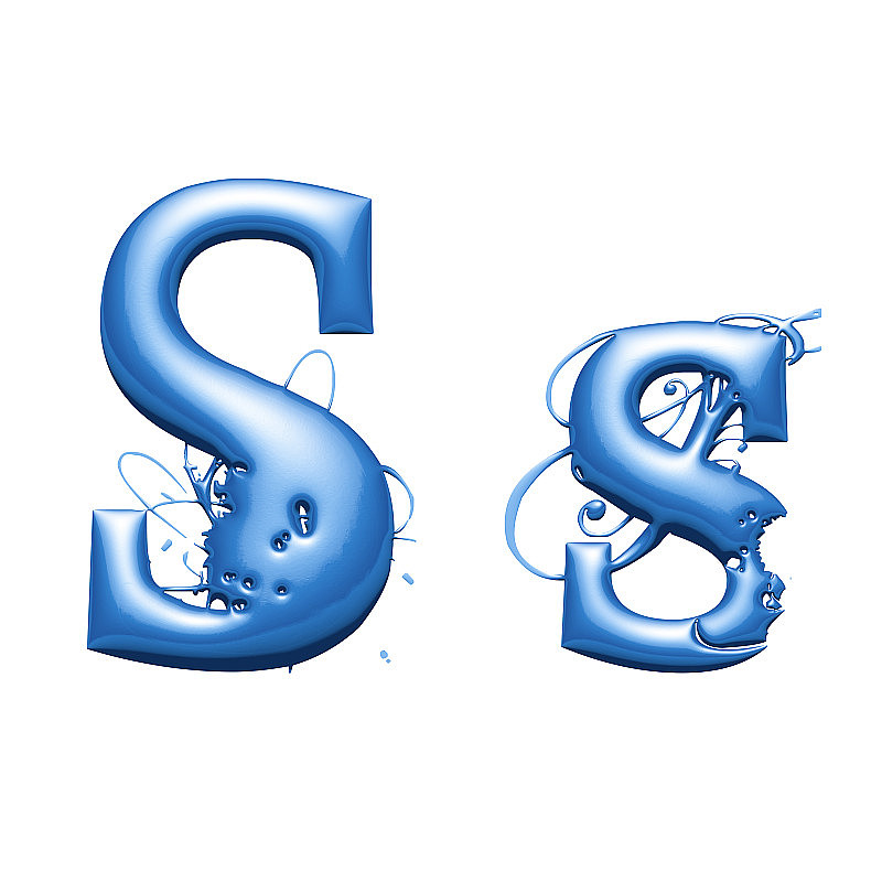 蓝色金属字母，浮雕形状，字母s, 3d插图