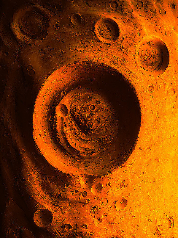 火星表面的环形山，岩石红色星球表面的大型环形山