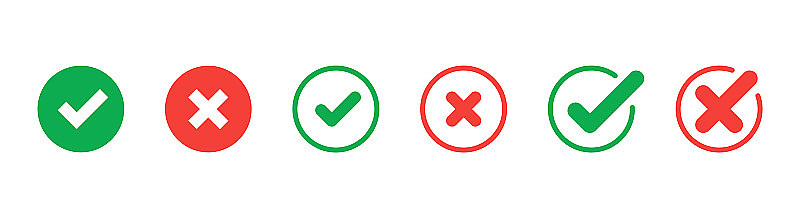 绿色的复选标记和红色的十字图标。一组简单的图标:是/否，批准/不批准，接受/拒绝，正确/错误，正确/错误，绿色/红色，Ok/Not Ok。矢量图