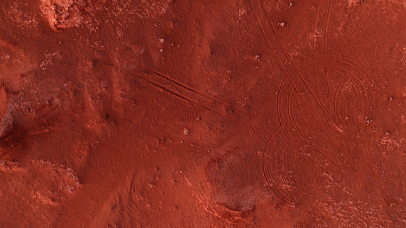 火星地貌，车轮在火星表面的轨迹。戈壁沙漠的鸟瞰图。焦土是恐龙遗体和它们的蛋的安息之地。蒙古。峡谷Herman-Tsav