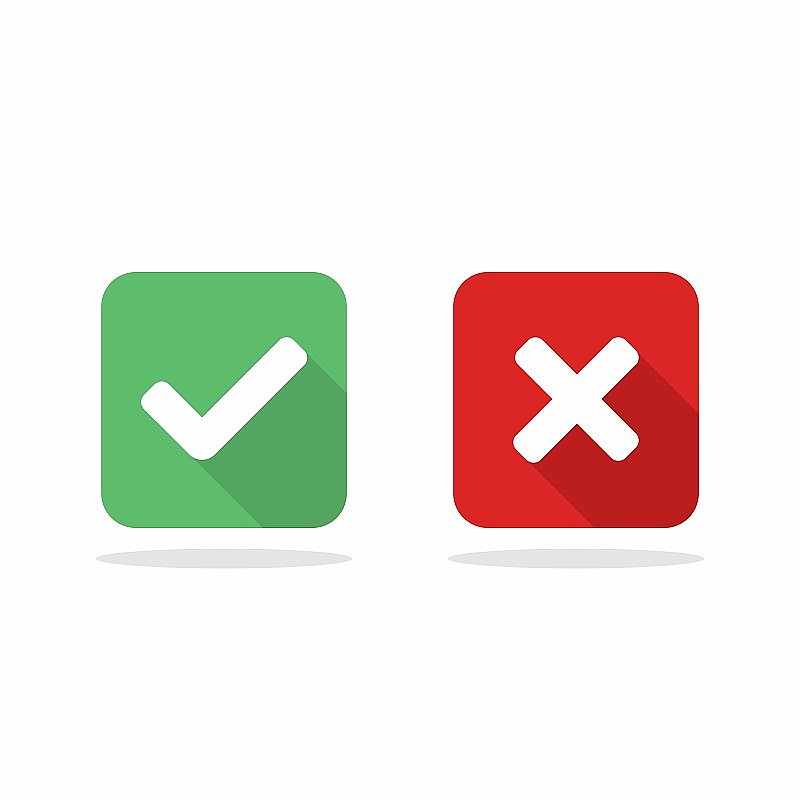 检查和错误标记，打勾和打叉标记，接受/拒绝，批准/不批准，是/否，对/错，绿/红，正确/假，Ok/不Ok -绿色和红色的矢量标记符号。孤立的图标。