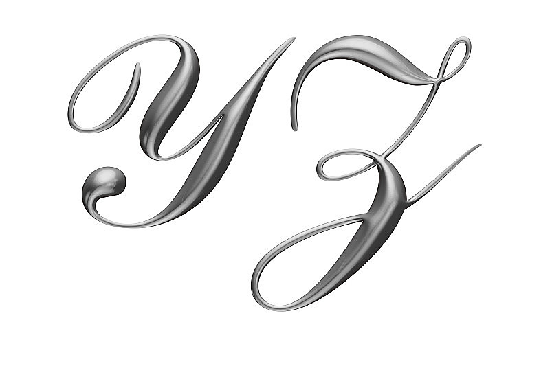 3d字母表，大写金属字母，y z，白色背景，3d插图