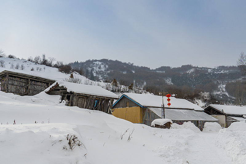 中国吉林的森林和村庄，冬天下雪后