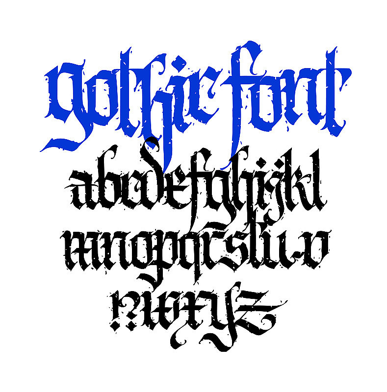 Pseudo-gothic,英语字母。用于纹身、个人及商业用途的字体。字母和元素被隔离在白色背景上。书法题字。现代摇滚风格。