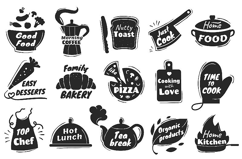 烹饪刻字标志、厨具标志、家庭烘焙标志。烹饪和面包店报价，餐厅或咖啡馆菜单符号向量集