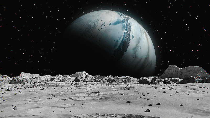 从月球表面看到的太空行星。月球表面布满了小岩石和沙子。飞越月球环形山。概念空间抽象背景。