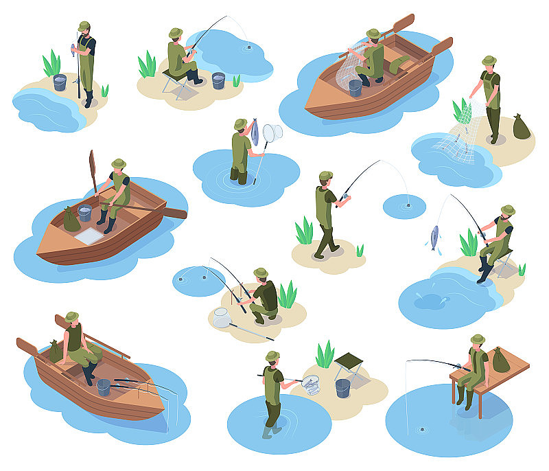 等距捕鱼的渔民捕鱼，船和渔具。河流或池塘钓鱼孤立的三维矢量插图集。渔夫人类角色